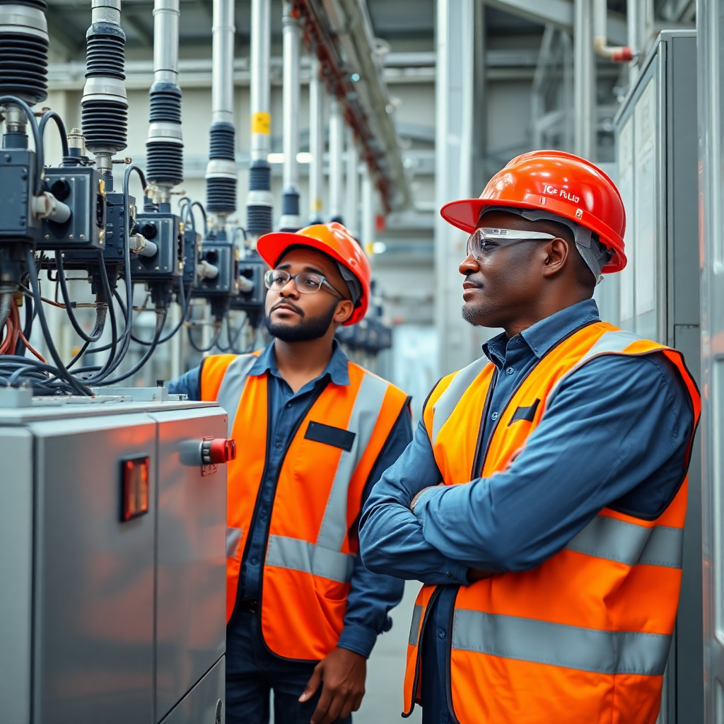 professional African engineers in safety gear inspecting electrical high voltage equipment, industrial setting, modern facility in Togo, natural lighting, professional photography