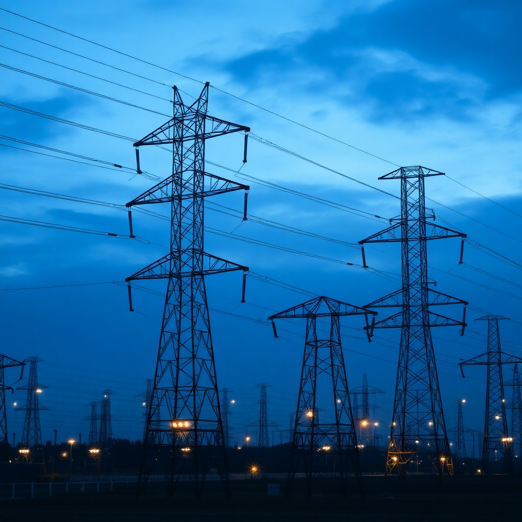 high voltage electrical infrastructure, transmission towers, modern industrial engineering, dramatic lighting, subtle blue tint